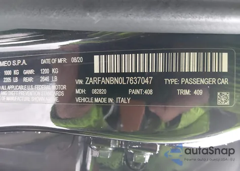 2020 Alfa Romeo Giulia Ti Awd from USA, damaged, VIN ZARFANBN0L7637047
